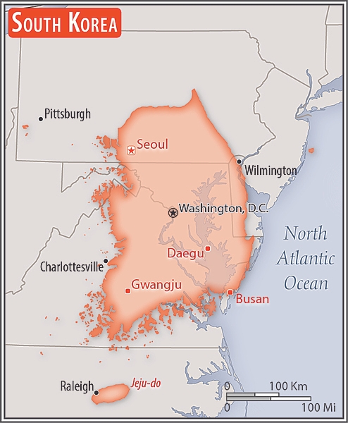 South Korea landmass vs the United States